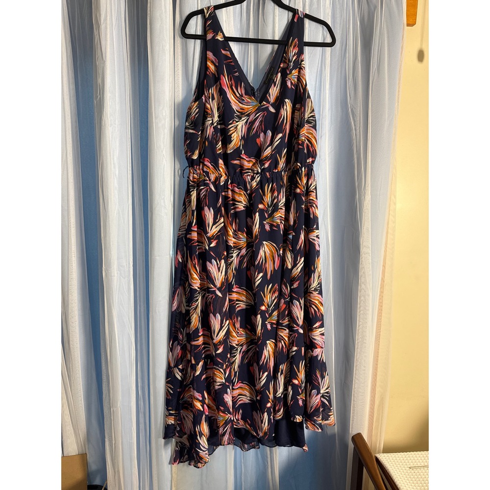 Lane‎ Bryant Midi Dress Womens 18 Navy Blue Excellent Floral V-Neck Sleeveless